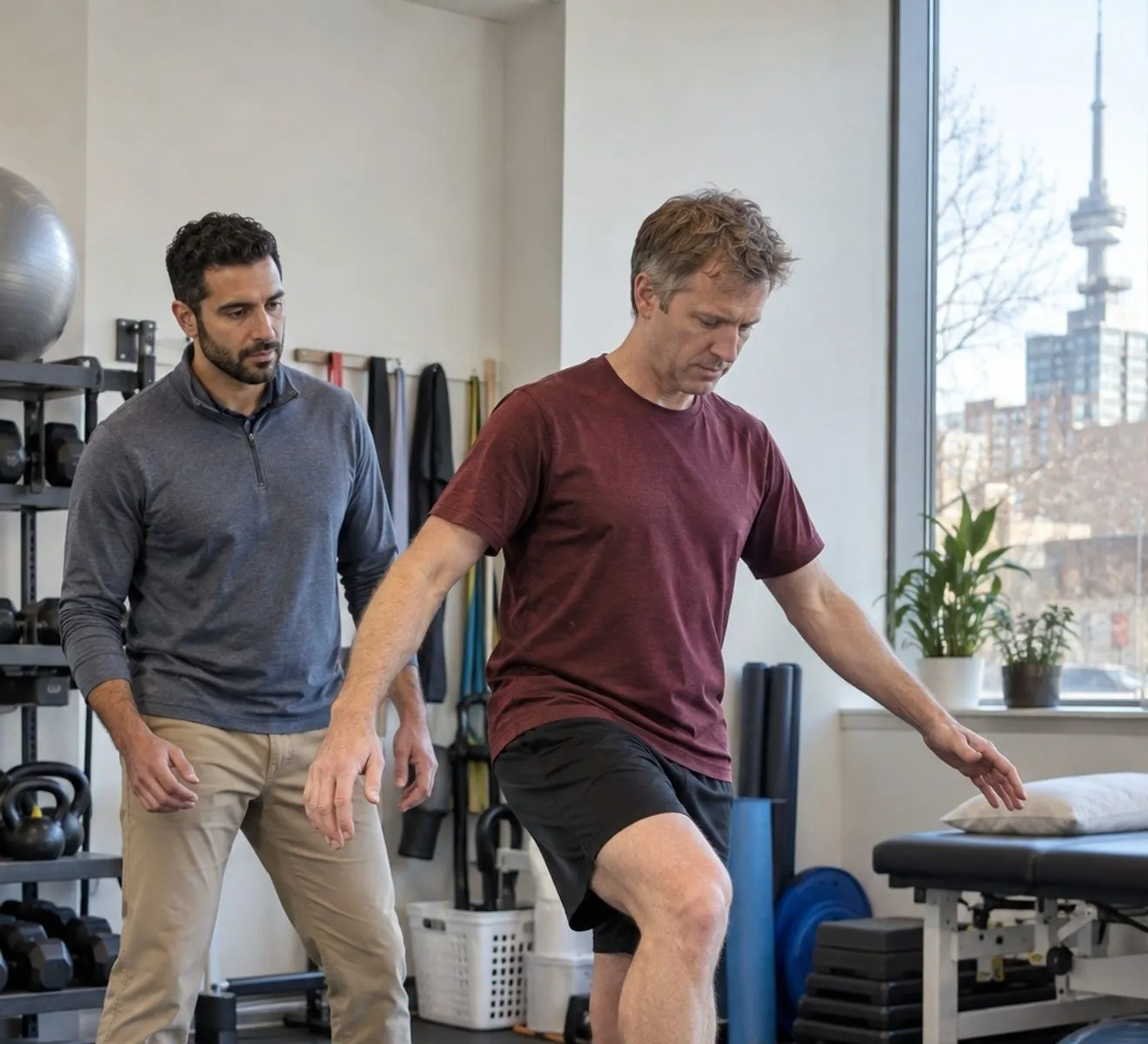 A physiotherapist observing a patient during a first-visit movement assessment