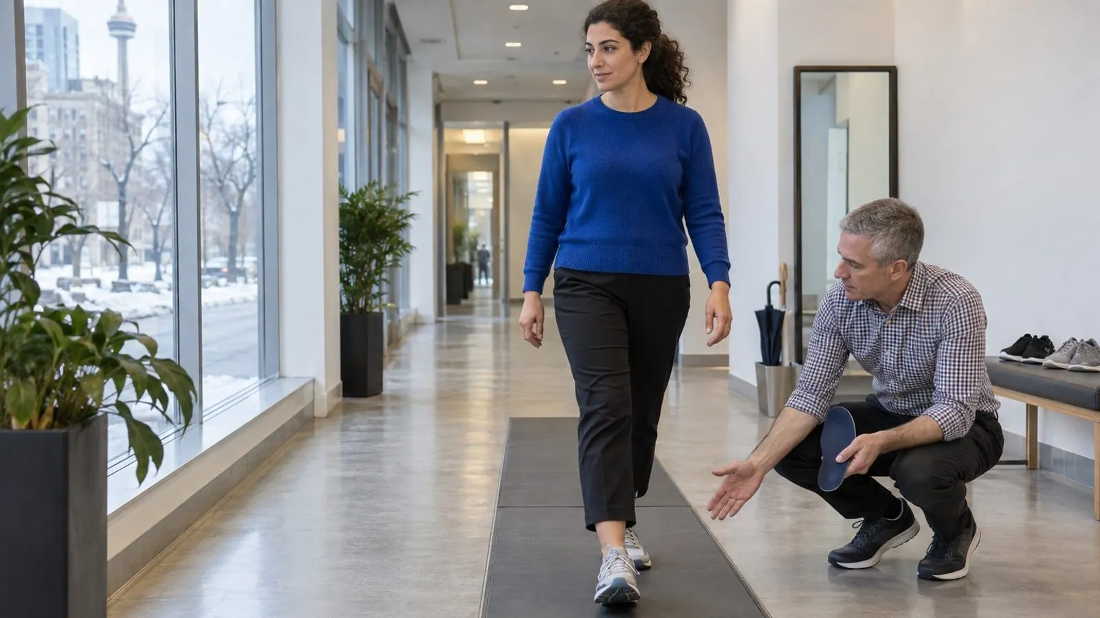 A clinician assessing walking and foot alignment for custom orthotics